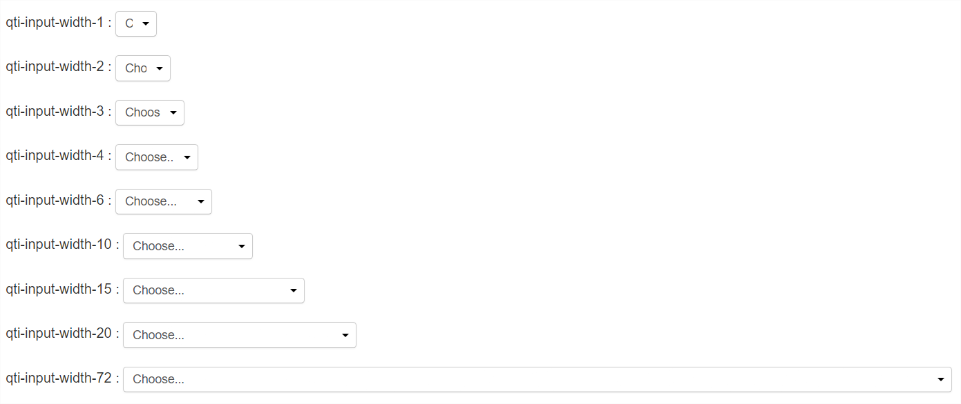 9 lines of text are shown, each ending with a different sized dropdown box. The width of the
                        dropdown matches the number indicated in the QTI shared vocabulary class (e.g. qti-input-width-10 has a dropdown box 10 characters wide.