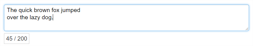 A text entry box is shown with a sentence in it that is 45 characters long.
                        Below the simple text editor bar is a small box displaying the text '45 / 200'.