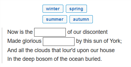 There are 4 words within scored boxes set 2 boxes on top of 2 other boxes. Below these
                        boxed words are 4 lines of text including 2 inline rectangles (drop targets).