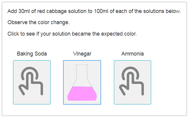 3 paragraphs are shown above a set of buttons. The first and third button display similar icons of a finger pressing a button.
                The second button labelled Vinegar shows a picture of a beaker filled halfway with pink liquid.
